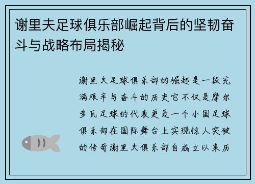 谢里夫足球俱乐部崛起背后的坚韧奋斗与战略布局揭秘